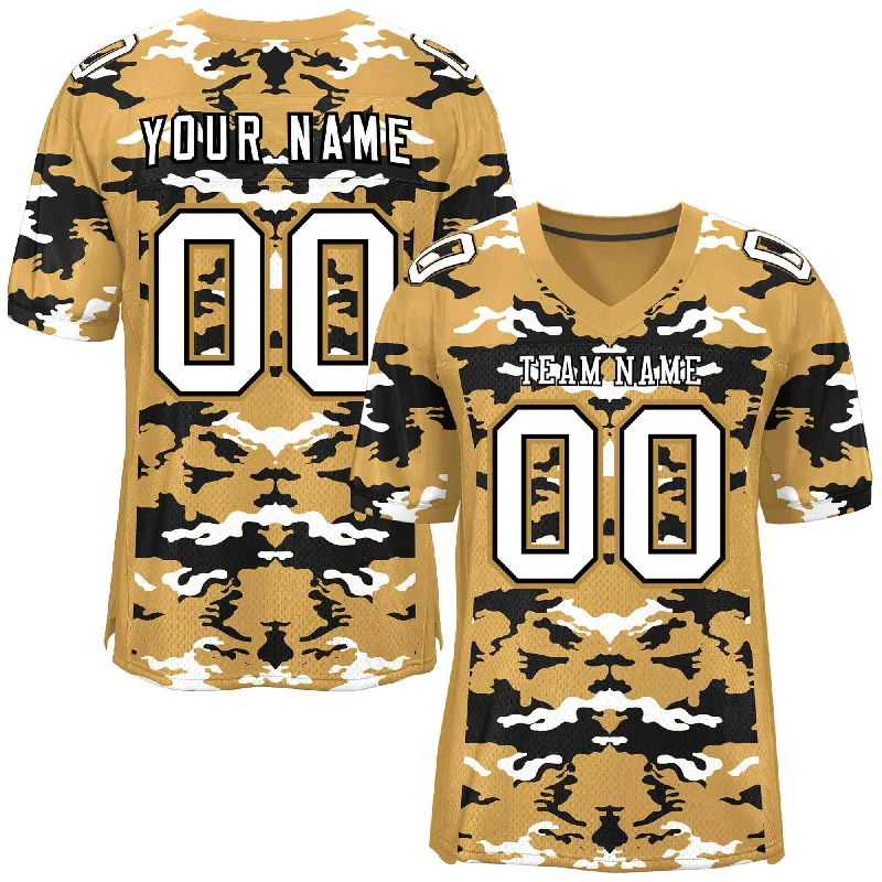 Personalized Football Jersey For Official Recognition-Custom Old Gold Black-White Personalized Camo Authentic Football Jersey