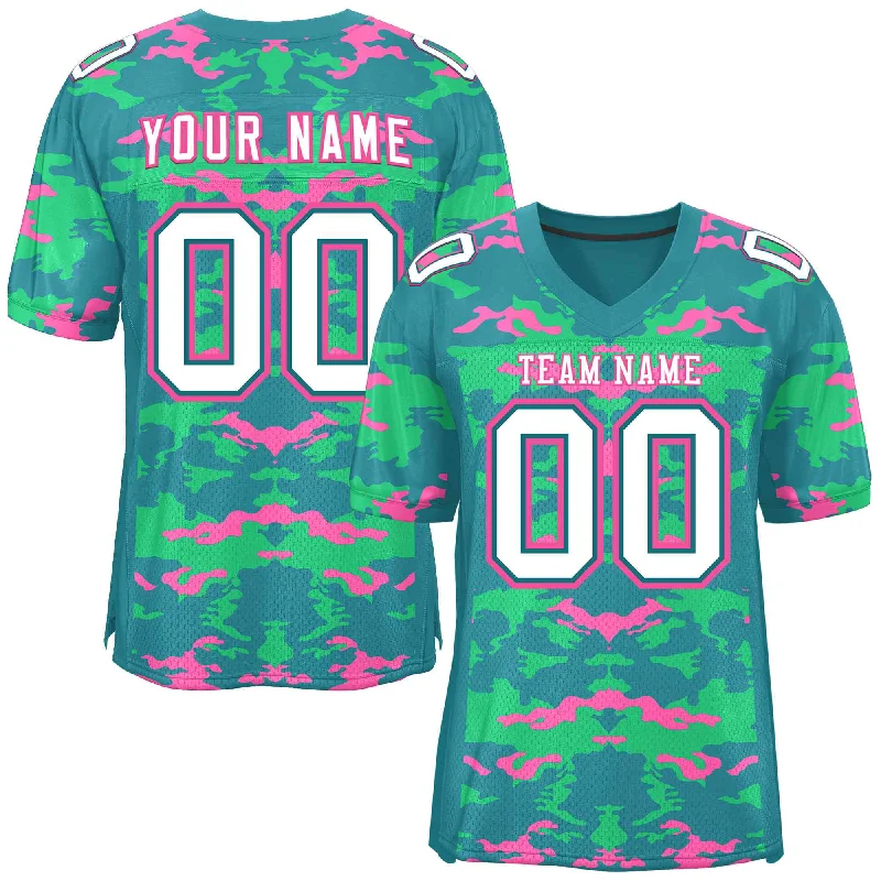 Personalized Football Jersey For School & Club Teams-Custom Aqua Light Green-Pink Personalized Camo Authentic Football Jersey