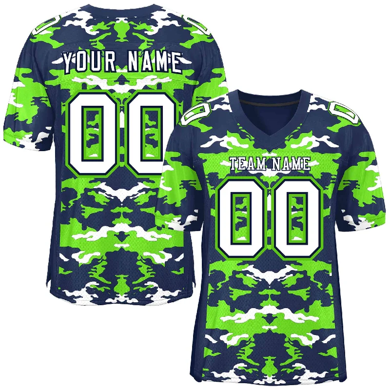 Custom Football Jersey For Fanatic Supporters-Custom Navy Neon Green-White Personalized Camo Authentic Football Jersey