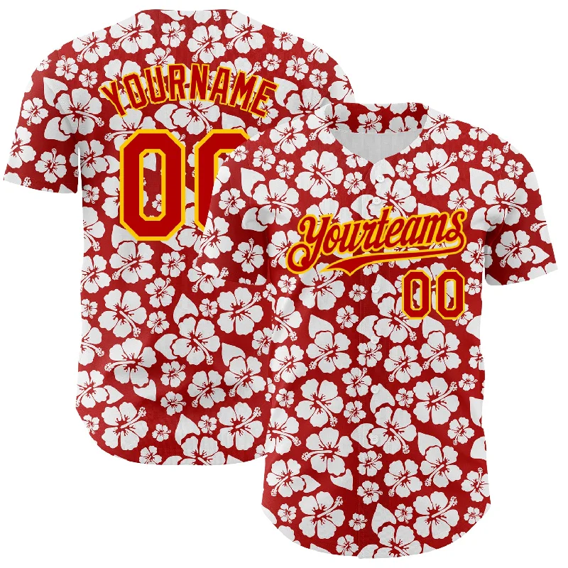 Baseball Jersey For Team Gifts-Custom Red Yellow 3D Pattern Design Tropical Hawaii Flower Authentic Baseball Jersey