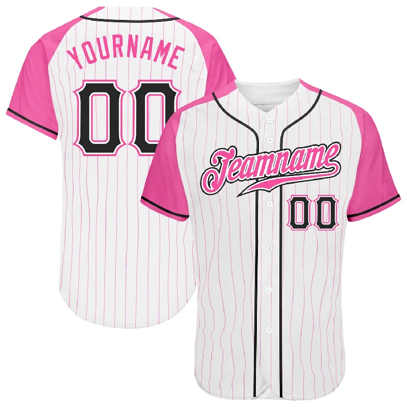 Personalized Baseball Jersey For Official Merchandise-Custom White Pink Pinstripe Black-Pink Authentic Raglan Sleeves Baseball Jersey