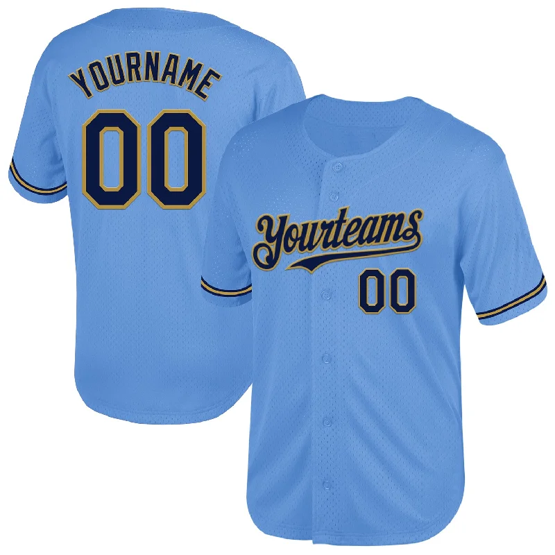 Baseball Jersey For Player Achievement Recognition-Custom Light Blue Navy-Old Gold Mesh Authentic Throwback Baseball Jersey