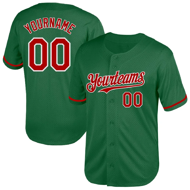 Baseball Jersey With Unique Design-Custom Kelly Green Red-White Mesh Authentic Throwback Baseball Jersey