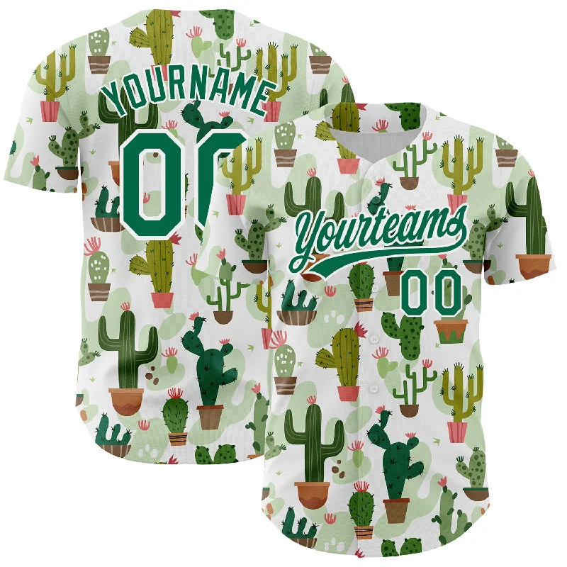 Personalized Baseball Jersey For Kids-Custom White Kelly Green 3D Pattern Design Cactus Festival Authentic Baseball Jersey