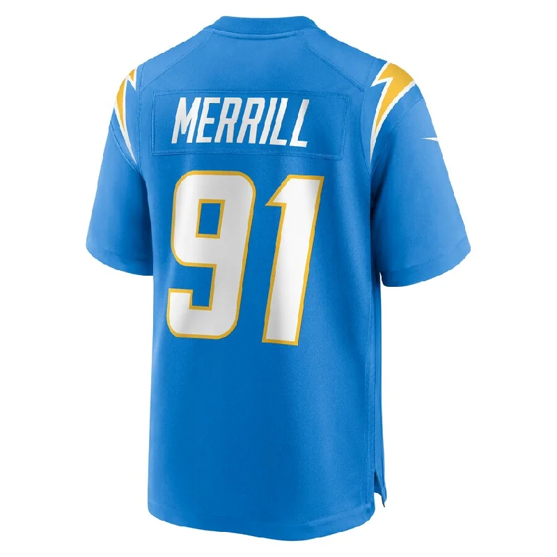 Rugby Jersey With Custom Fonts & Numbering-LA.Chargers #91 Forrest Merrill Powder Blue Player Game Jersey Stitched American Football Jerseys