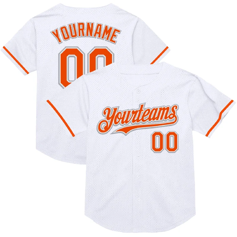 Custom Baseball Jersey For Game Day-Custom White Orange-Gray Mesh Authentic Throwback Baseball Jersey