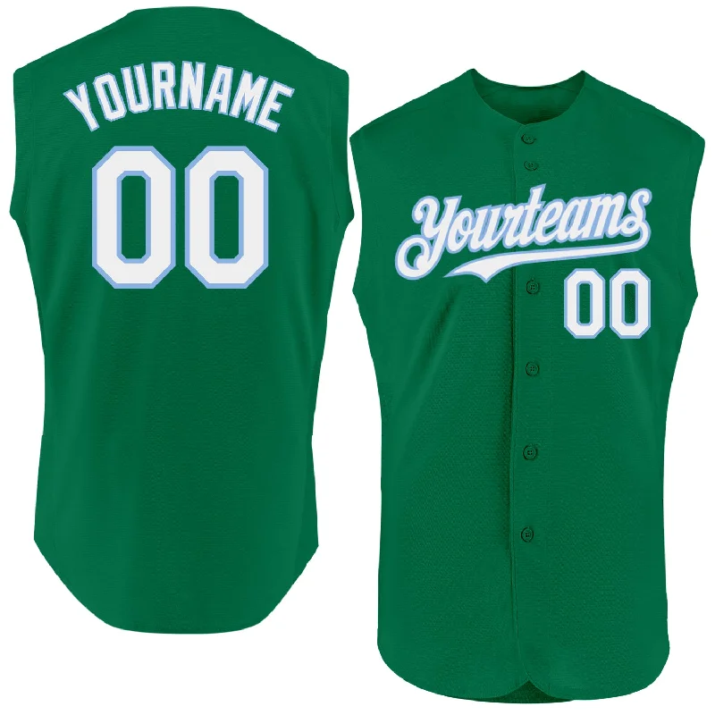 Baseball Jersey With Custom Artwork & Design-Custom Kelly Green White-Light Blue Authentic Sleeveless Baseball Jersey