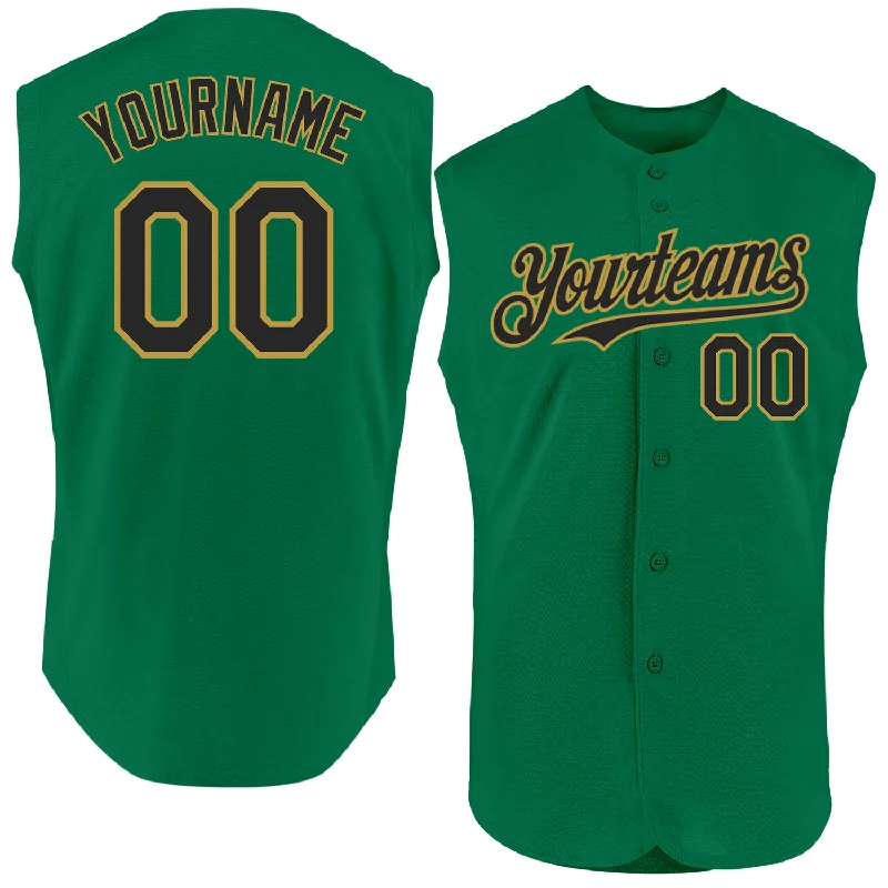 Personalized Baseball Jersey For Seasonal Fan Merchandise-Custom Kelly Green Black-Old Gold Authentic Sleeveless Baseball Jersey