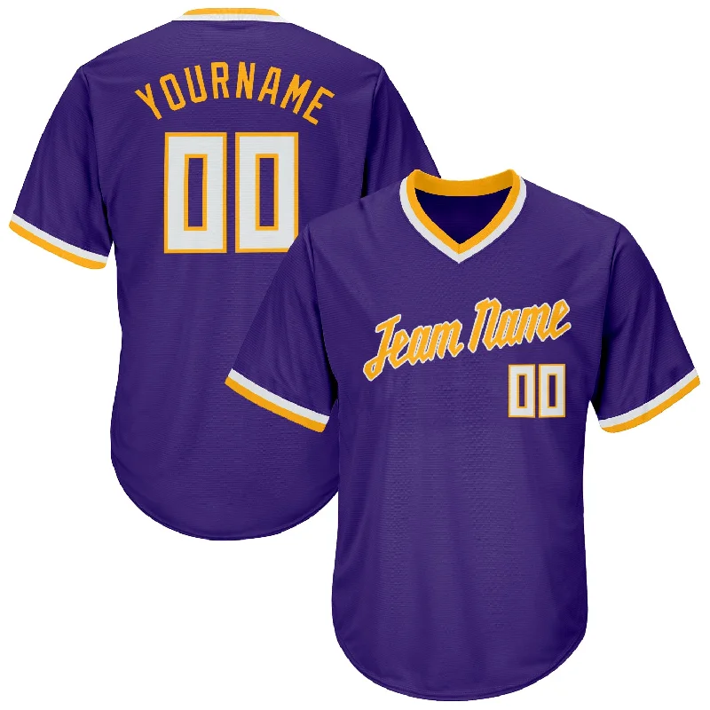 Custom Baseball Jersey For Players-Custom Purple White-Gold Authentic Throwback Rib-Knit Baseball Jersey Shirt