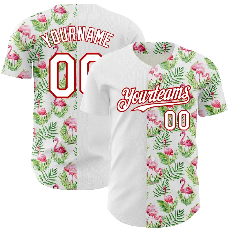 Personalized Baseball Jersey For Sponsors-Custom White Red 3D Pattern Design Tropical Hawaii Palm Leaves And Flamingo Authentic Baseball Jersey