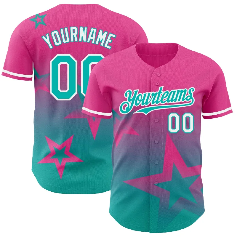 Personalized Baseball Jersey For Official Merchandise-Custom Pink Aqua-White 3D Pattern Design Gradient Style Twinkle Star Authentic Baseball Jersey