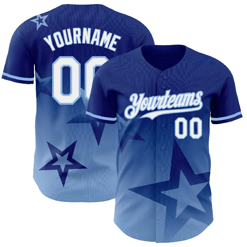 Baseball Jersey With Logo & Player Personalization-Custom Royal White-Light Blue 3D Pattern Design Gradient Style Twinkle Star Authentic Baseball Jersey