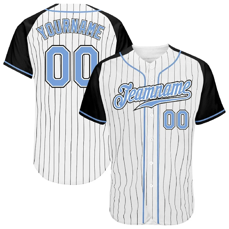 Personalized Baseball Jersey For Exclusive Team Merchandise-Custom White Black Pinstripe Light Blue-Black Authentic Raglan Sleeves Baseball Jersey