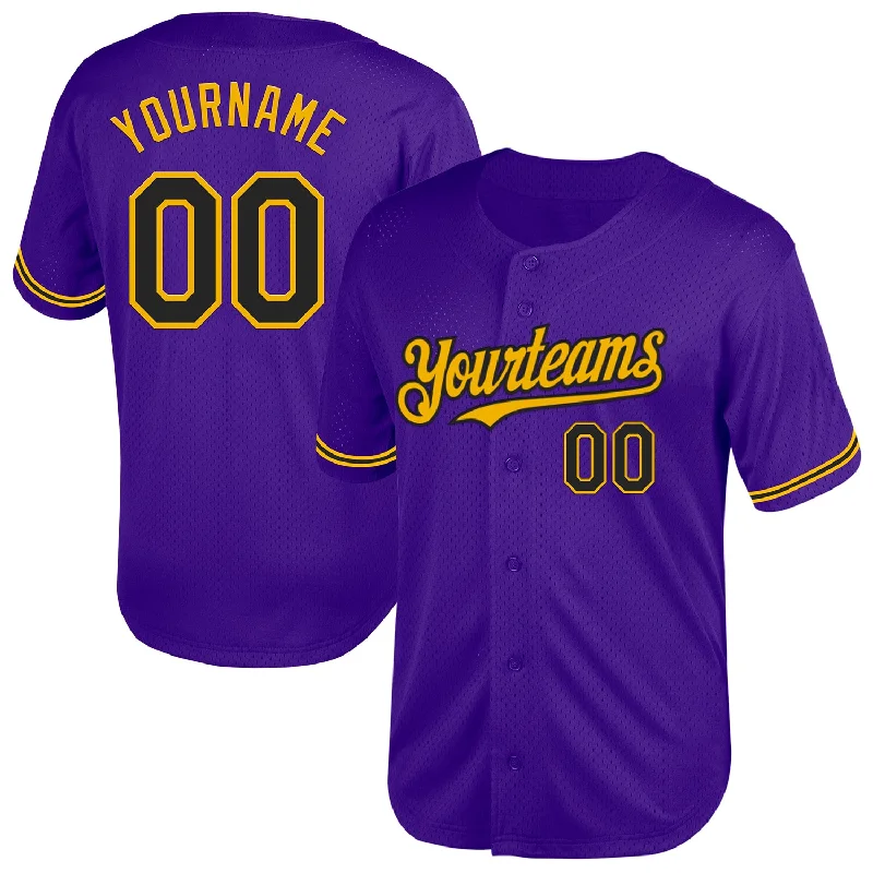 Custom Baseball Jersey For Youth Competition Teams-Custom Purple Black-Gold Mesh Authentic Throwback Baseball Jersey