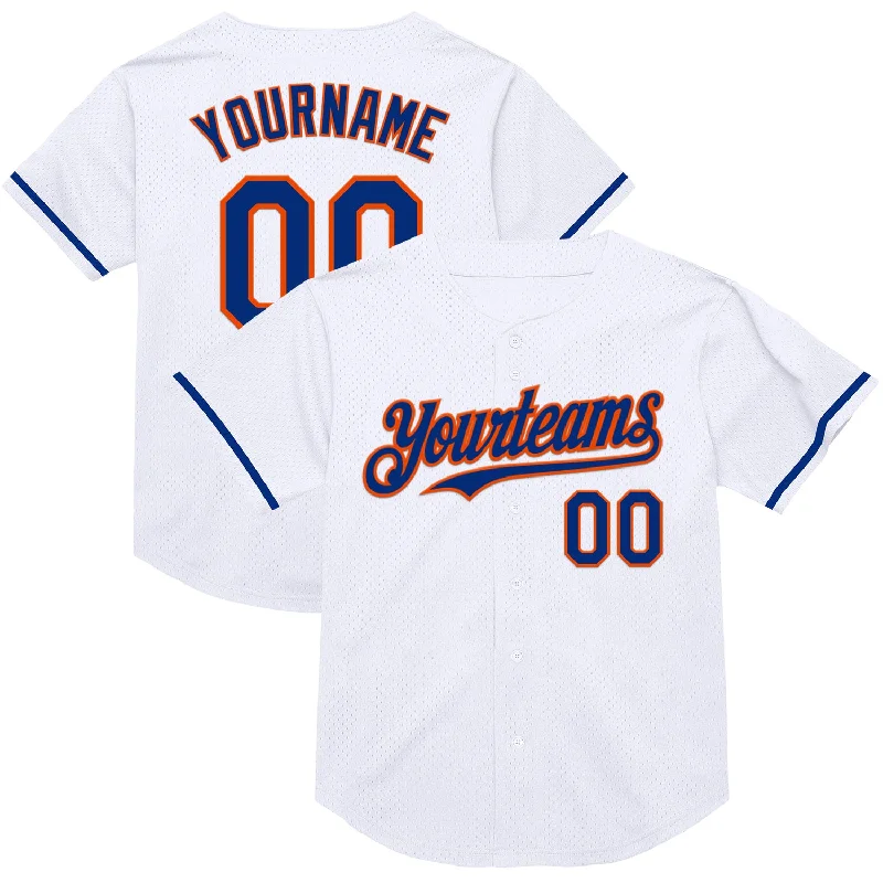 Baseball Jersey For Sponsor Logos-Custom White Royal-Orange Mesh Authentic Throwback Baseball Jersey