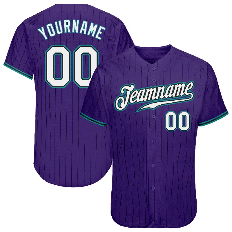 Baseball Jersey With Custom Graphics-Custom Purple Black Pinstripe White-Teal Authentic Baseball Jersey