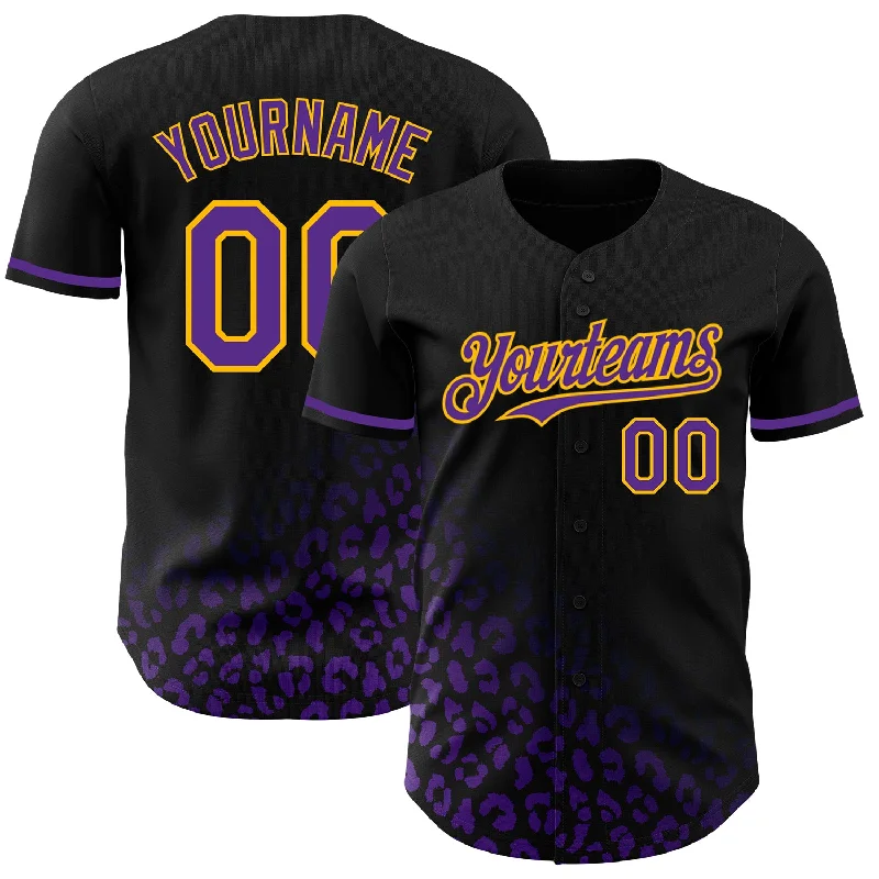 Baseball Jersey For Player Milestone Celebrations-Custom Black Purple-Gold 3D Pattern Design Leopard Print Fade Fashion Authentic Baseball Jersey