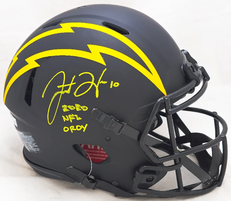 Custom Rugby Helmet For Local Schools-Justin Herbert Autographed Los Angeles Chargers Eclipse Black Full Size Authentic Speed Helmet "2020 NFL OROY" (Smudged) Beckett BAS Witness #WY19083