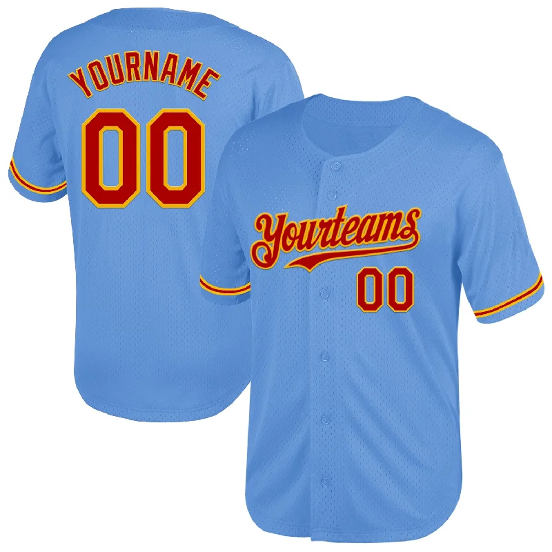 Custom Baseball Jersey For Player Sponsorship-Custom Light Blue Red-Gold Mesh Authentic Throwback Baseball Jersey