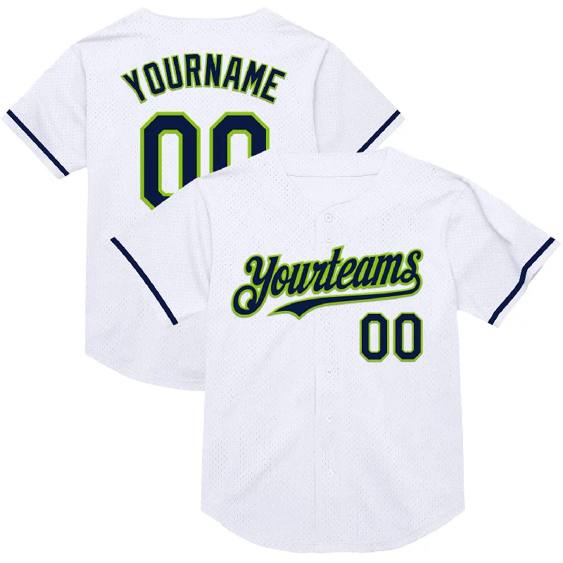 Personalized Baseball Jersey For Fan Support-Custom White Navy-Neon Green Mesh Authentic Throwback Baseball Jersey