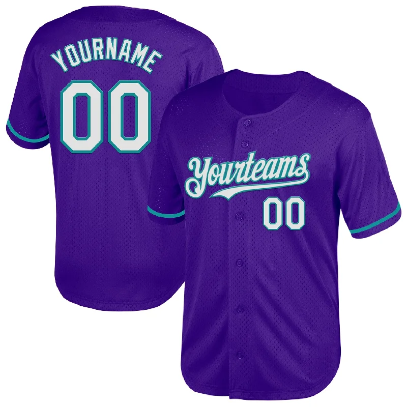 Custom Baseball Jersey For Player Engagement-Custom Purple White-Teal Mesh Authentic Throwback Baseball Jersey