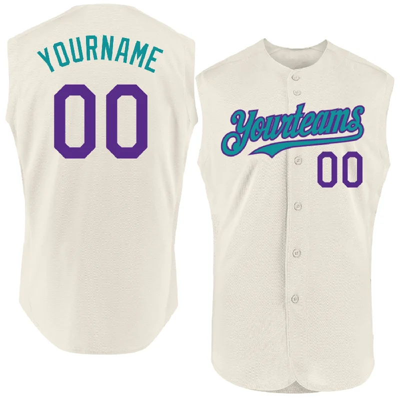 Custom Baseball Jersey For Coaches & Staff-Custom Cream Purple-Teal Authentic Sleeveless Baseball Jersey