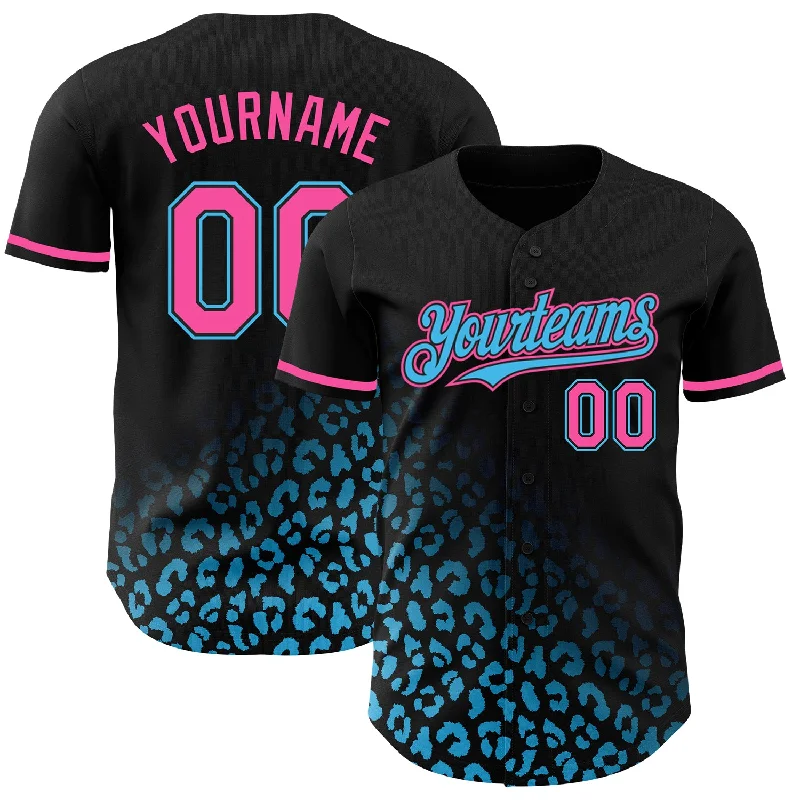 Personalized Baseball Jersey For Team Collaboration-Custom Black Pink-Sky Blue 3D Pattern Design Leopard Print Fade Fashion Authentic Baseball Jersey