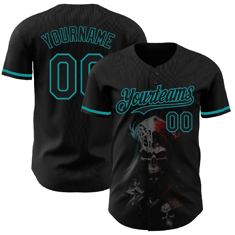 Custom Baseball Jersey For Team Competitions-Custom Black Teal 3D Skull Fashion Authentic Baseball Jersey