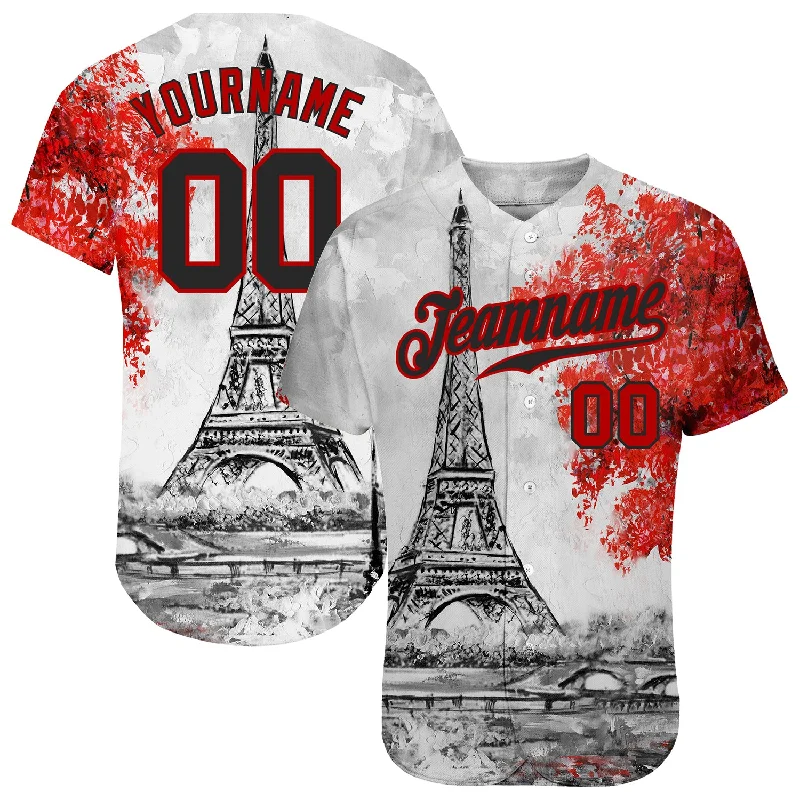 Custom Baseball Jersey For Limited Edition Teams-Custom White Black-Red 3D Pattern Design Eiffel Tower Authentic Baseball Jersey