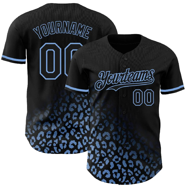 Personalized Baseball Jersey For Team Performance-Custom Black Light Blue 3D Pattern Design Leopard Print Fade Fashion Authentic Baseball Jersey