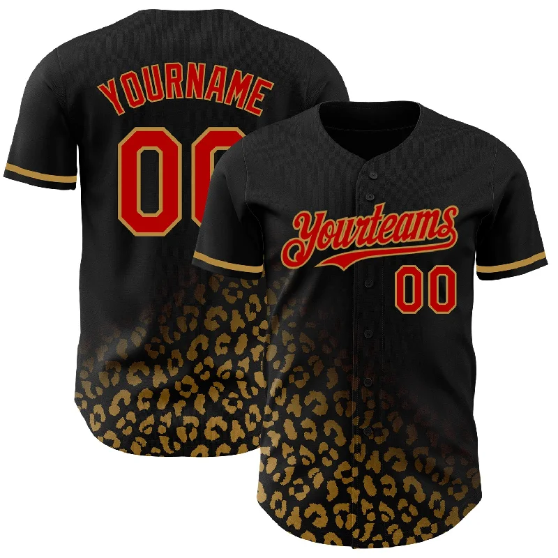 Personalized Baseball Jersey For Player Pride-Custom Black Red-Old Gold 3D Pattern Design Leopard Print Fade Fashion Authentic Baseball Jersey