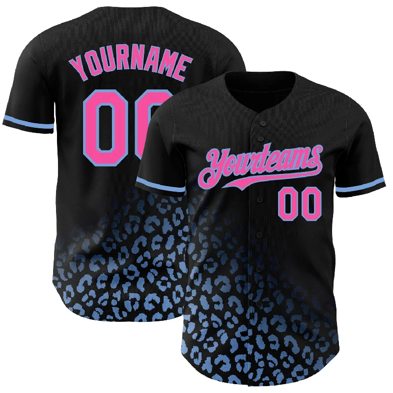 Personalized Baseball Jersey For Limited Edition Fans-Custom Black Pink-Light Blue 3D Pattern Design Leopard Print Fade Fashion Authentic Baseball Jersey