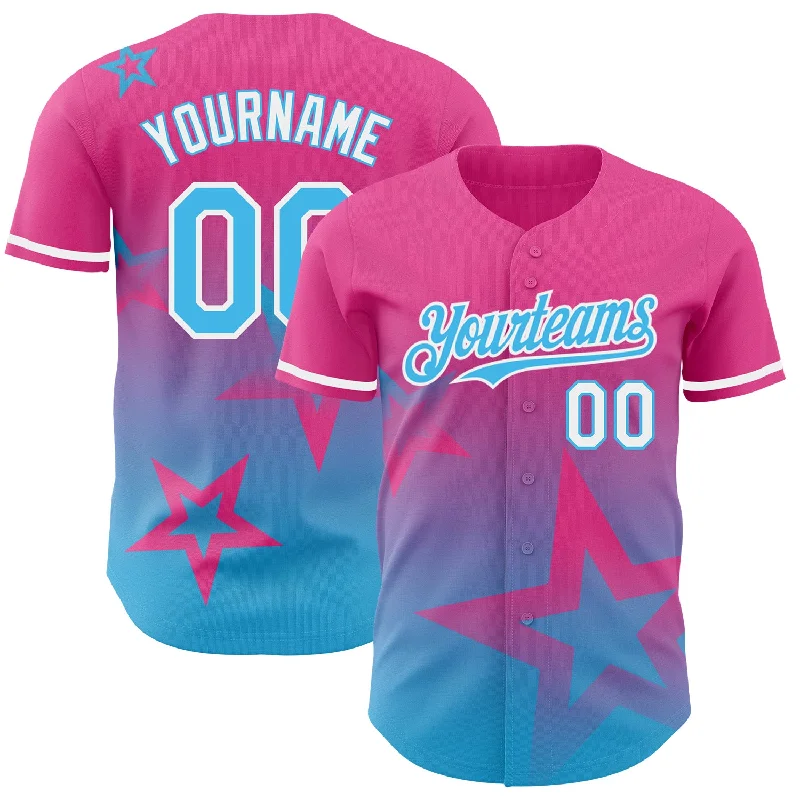 Personalized Baseball Jersey For Exclusive Offers-Custom Pink Sky Blue-White 3D Pattern Design Gradient Style Twinkle Star Authentic Baseball Jersey