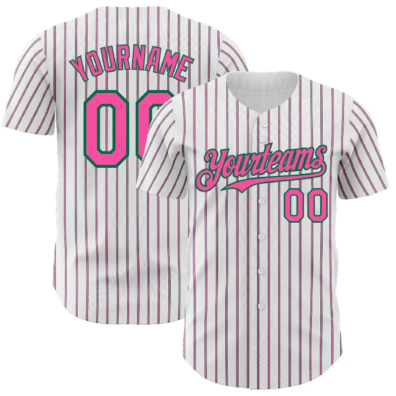 Personalized Baseball Jersey For Recognition-Custom White (Kelly Green Pink Pinstripe) Pink-Kelly Green Authentic Baseball Jersey