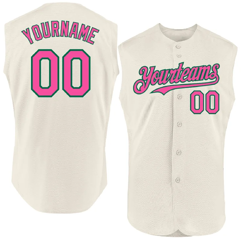 Custom Baseball Jersey For Special Team Edition-Custom Cream Pink-Kelly Green Authentic Sleeveless Baseball Jersey