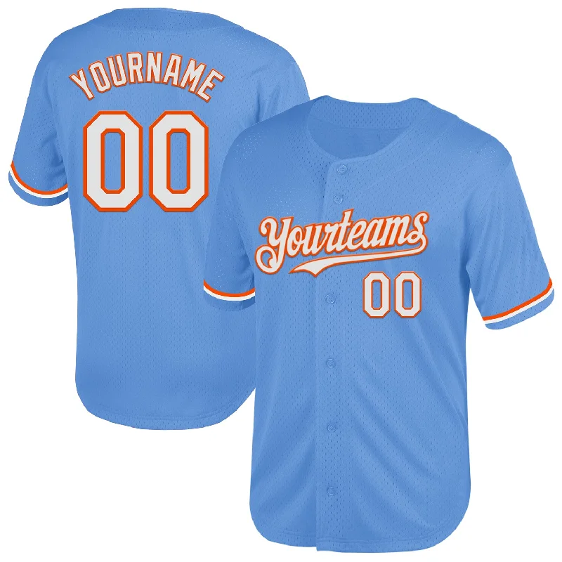 Custom Baseball Jersey For Player Events-Custom Light Blue White-Orange Mesh Authentic Throwback Baseball Jersey