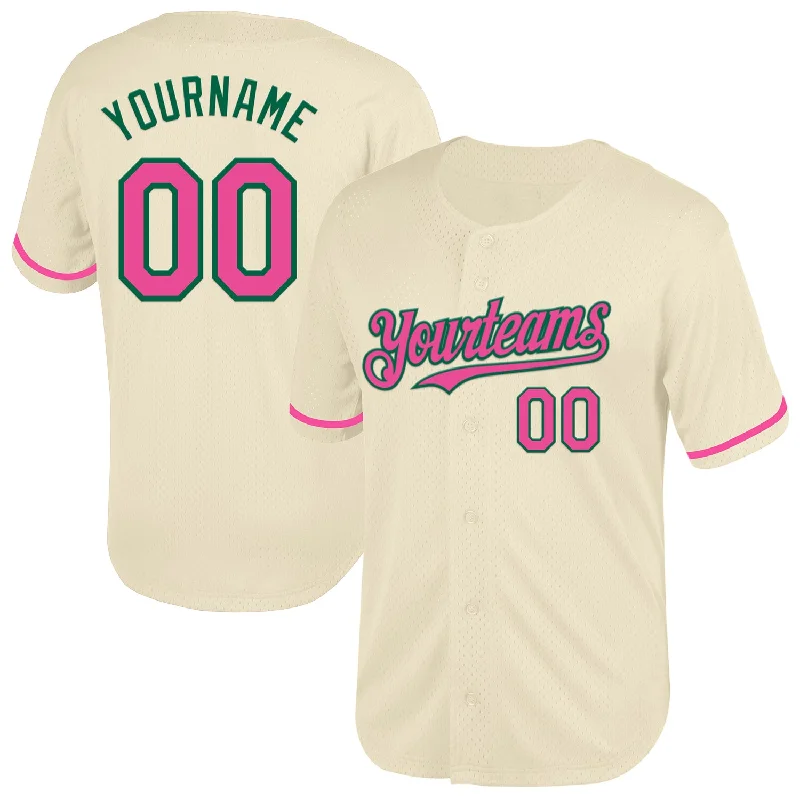 Baseball Jersey With Player Details & Numbers-Custom Cream Pink-Kelly Green Mesh Authentic Throwback Baseball Jersey