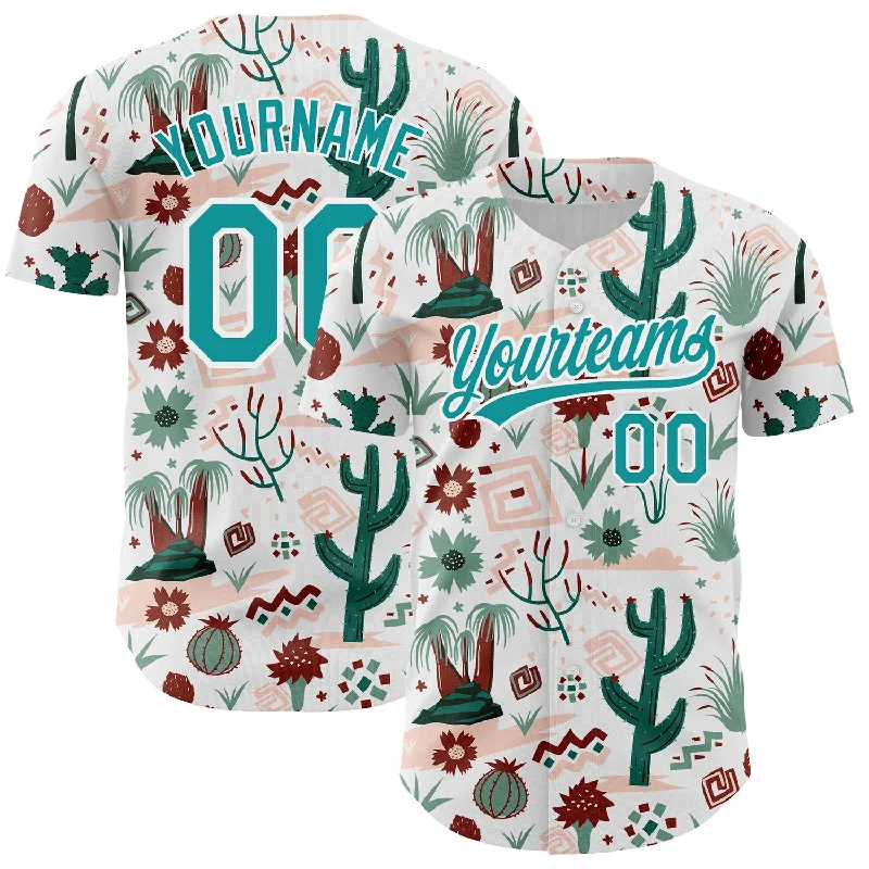 Custom Baseball Jersey For Exclusive School Events-Custom White Teal 3D Pattern Design Cactus Festival Authentic Baseball Jersey