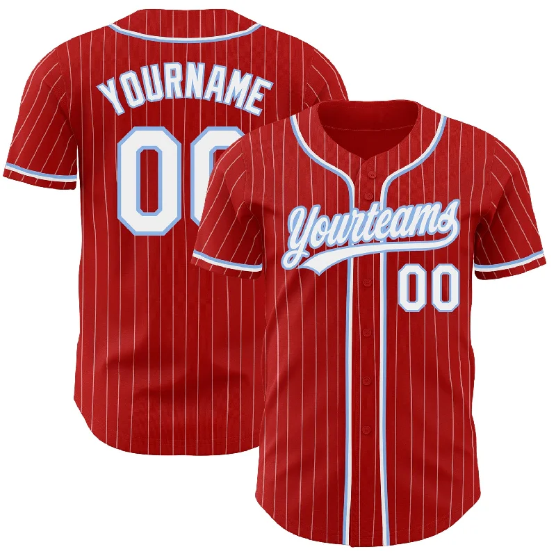 Baseball Jersey With Player Customization-Custom Red White Pinstripe White-Light Blue Authentic Baseball Jersey