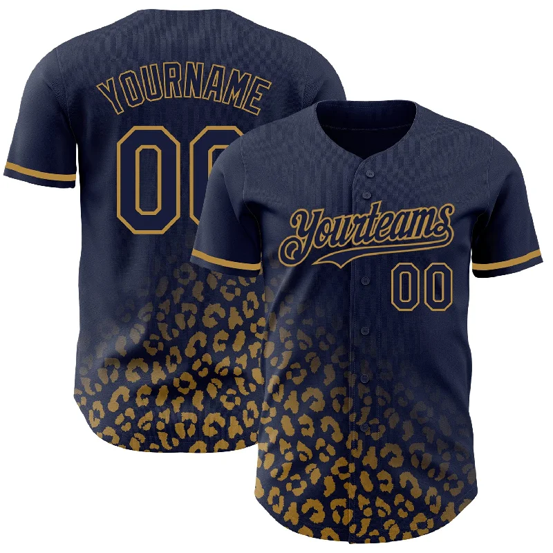 Custom Baseball Jersey For End-of-Season Gifts-Custom Navy Old Gold 3D Pattern Design Leopard Print Fade Fashion Authentic Baseball Jersey