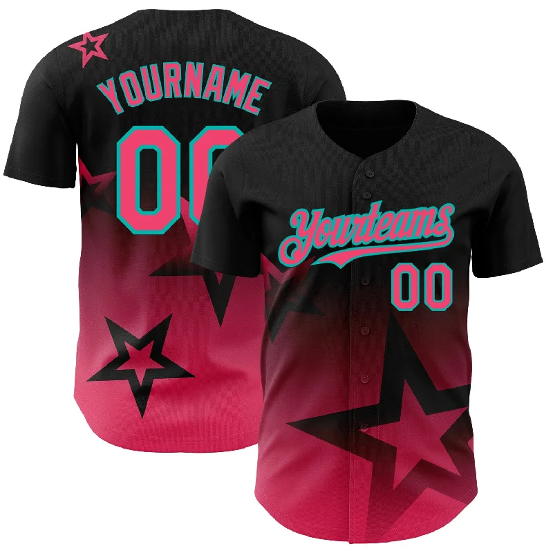 Custom Baseball Jersey For Professional Teams-Custom Black Neon Pink-Aqua 3D Pattern Design Gradient Style Twinkle Star Authentic Baseball Jersey