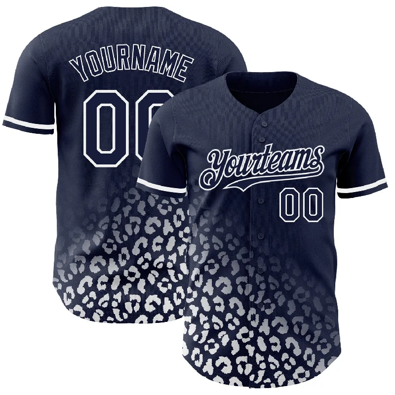 Custom Baseball Jersey For Player Sponsorships-Custom Navy White 3D Pattern Design Leopard Print Fade Fashion Authentic Baseball Jersey