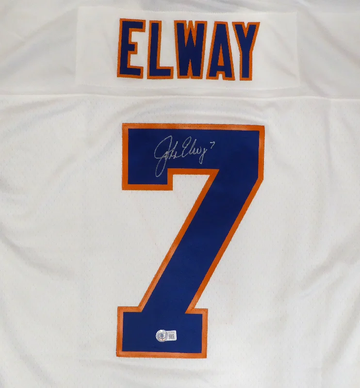 Rugby Helmet With Custom Team Designs-Denver Broncos John Elway Autographed White Authentic Mitchell & Ness Jersey Size 44 Beckett BAS QR #W150685