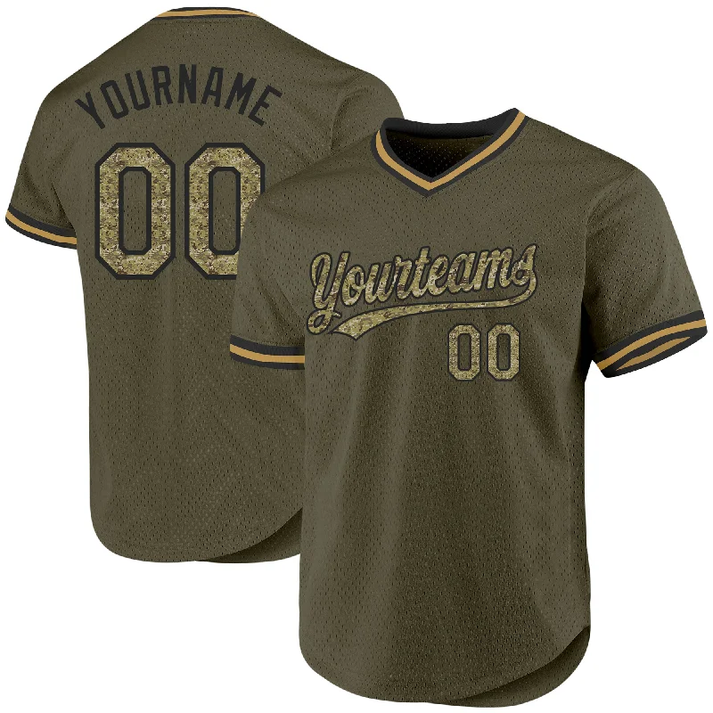 Custom Baseball Jersey For Coaches & Staff-Custom Olive Camo Black-Old Gold Authentic Throwback Salute To Service Baseball Jersey