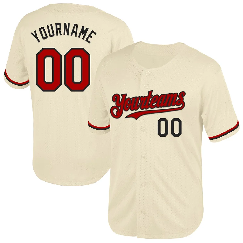 Custom Baseball Jersey For Players-Custom Cream Red-Black Mesh Authentic Throwback Baseball Jersey