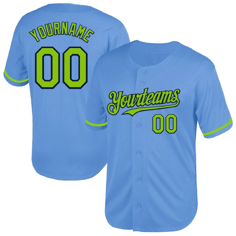 Personalized Baseball Jersey For Tournament Support-Custom Light Blue Neon Green-Navy Mesh Authentic Throwback Baseball Jersey