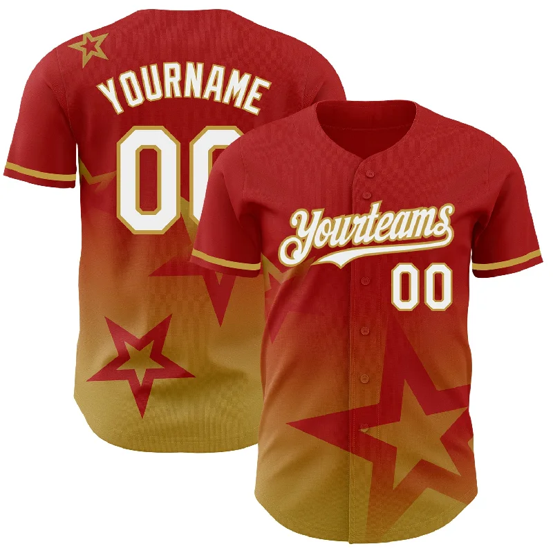 Baseball Jersey With Your Team Logo-Custom Red White-Old Gold 3D Pattern Design Gradient Style Twinkle Star Authentic Baseball Jersey