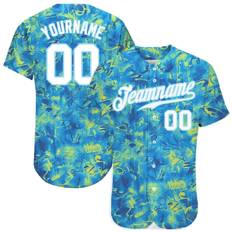 Baseball Jersey With Custom Design-Custom Scratch Graffiti Pattern White-Light Blue 3D Authentic Baseball Jersey