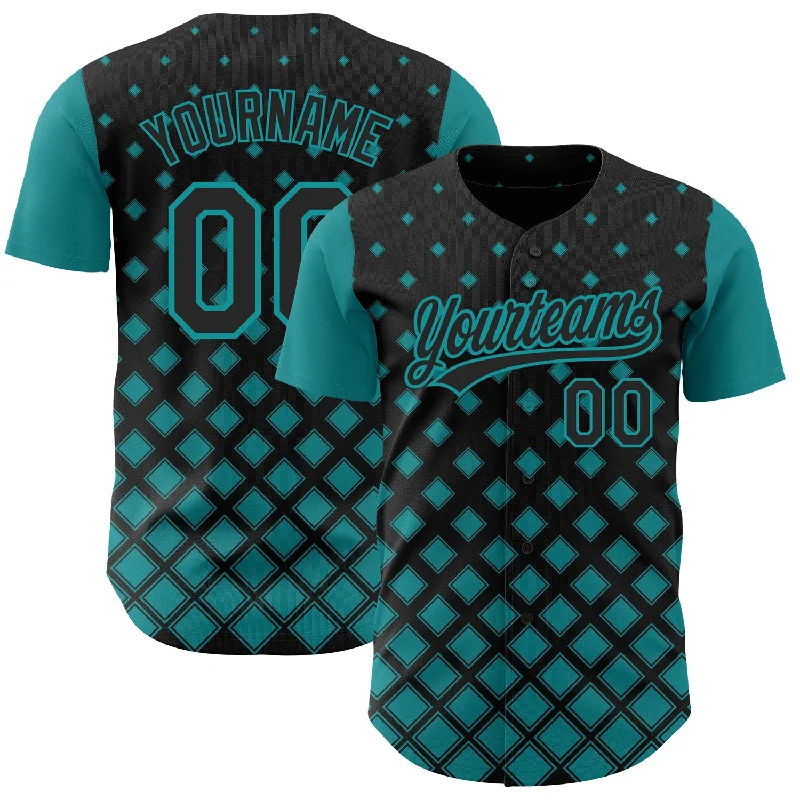 Personalized Baseball Jersey For Official Team Kits-Custom Black Teal 3D Pattern Design Geometric Shapes Authentic Baseball Jersey