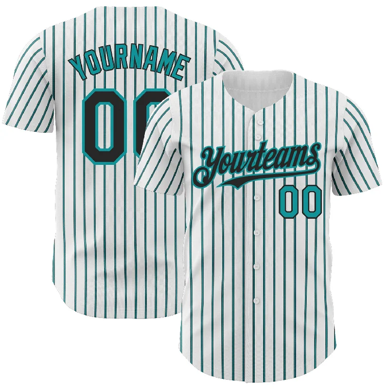 Custom Baseball Jersey For Corporate Events-Custom White (Black Teal Pinstripe) Black-Teal Authentic Baseball Jersey